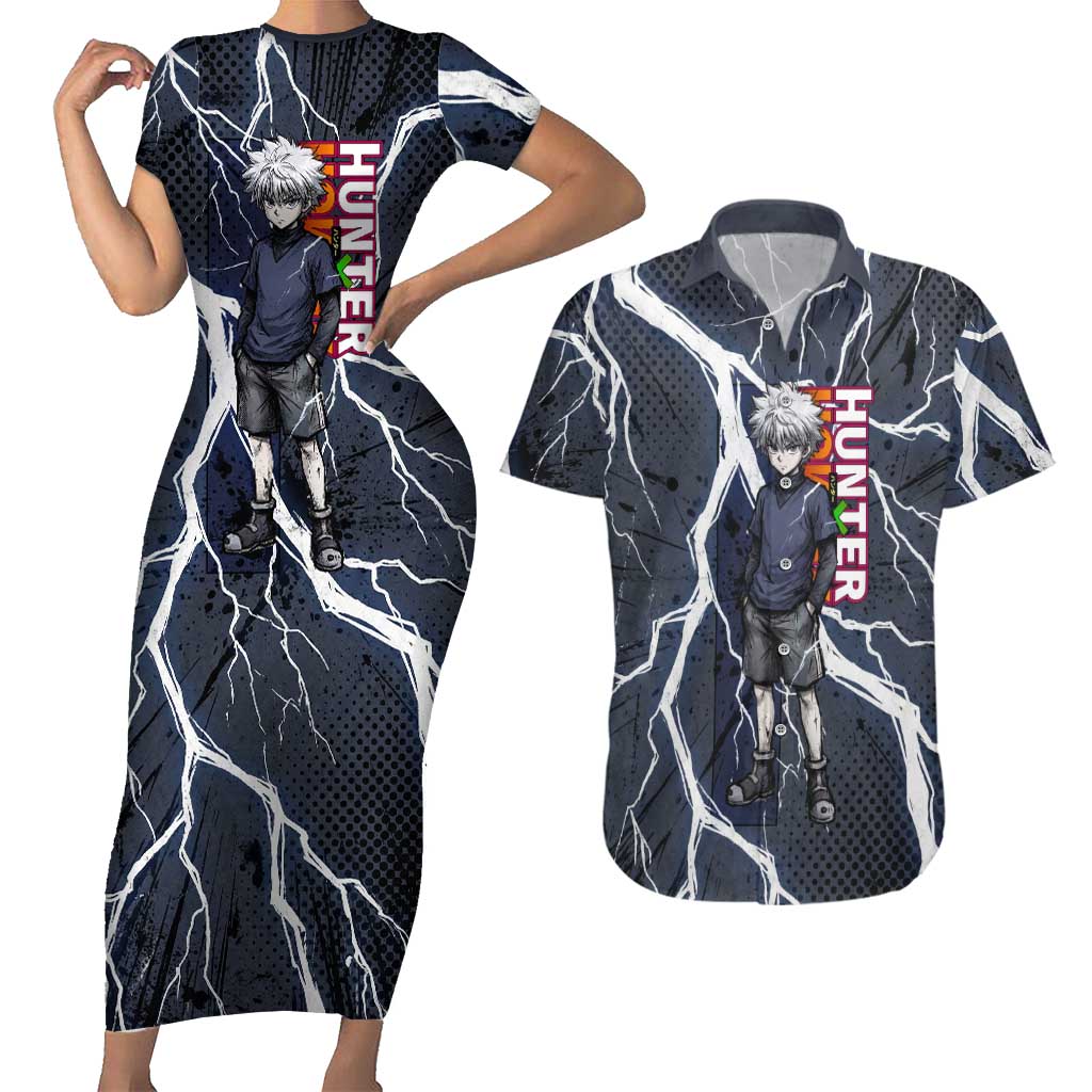 Killua Zoldyck Hunter x Hunter Lightning Aura Design Couples Matching Short Sleeve Bodycon Dress and Hawaiian Shirt with Transformation Artwork and Anime Style Graphics - The Mazicc