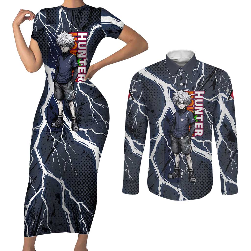 Killua Zoldyck Hunter x Hunter Lightning Aura Design Couples Matching Short Sleeve Bodycon Dress and Long Sleeve Button Shirt with Transformation Artwork and Anime Style Graphics - The Mazicc