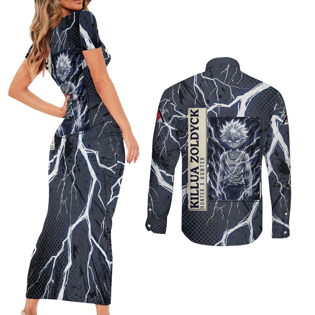 Killua Zoldyck Hunter x Hunter Lightning Aura Design Couples Matching Short Sleeve Bodycon Dress and Long Sleeve Button Shirt with Transformation Artwork and Anime Style Graphics - The Mazicc