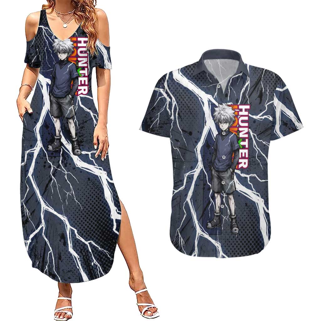 Killua Zoldyck Hunter x Hunter Lightning Aura Design Couples Matching Summer Maxi Dress and Hawaiian Shirt with Transformation Artwork and Anime Style Graphics - The Mazicc
