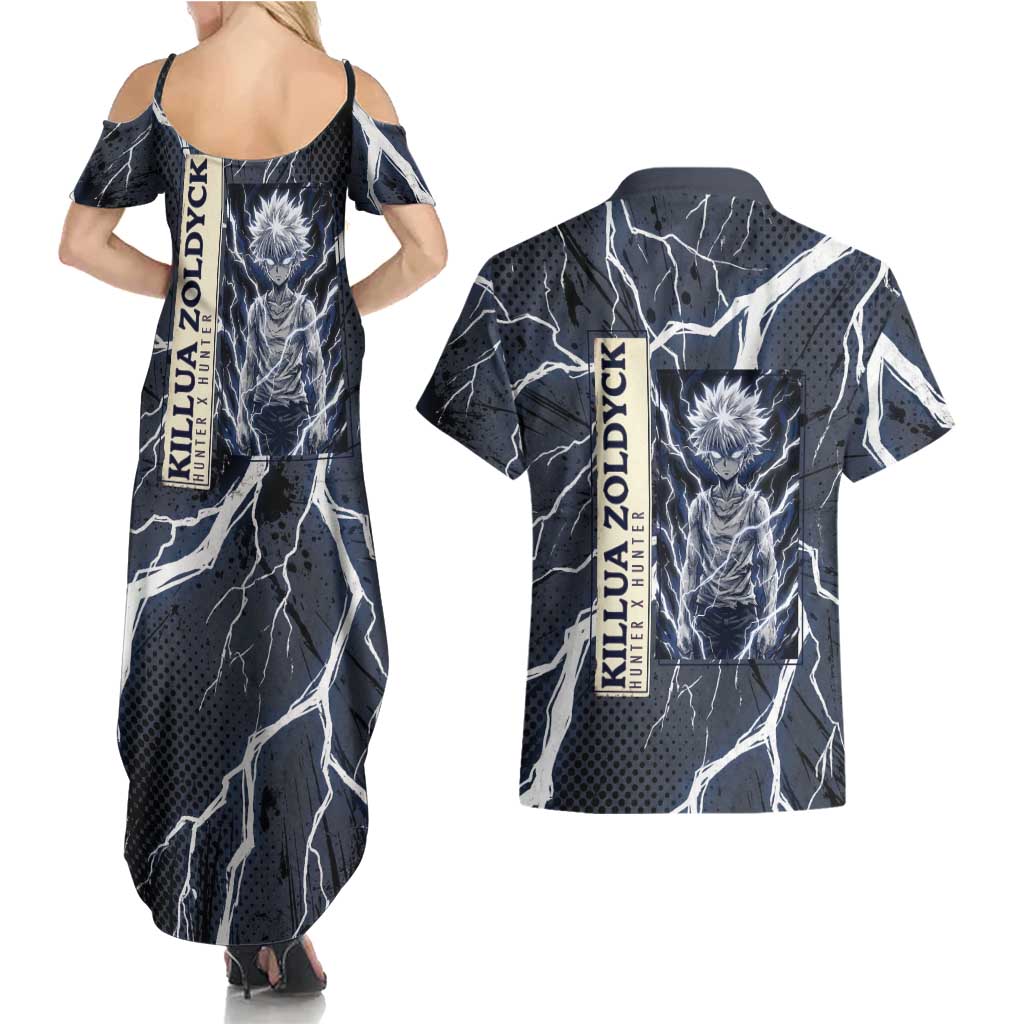 Killua Zoldyck Hunter x Hunter Lightning Aura Design Couples Matching Summer Maxi Dress and Hawaiian Shirt with Transformation Artwork and Anime Style Graphics - The Mazicc