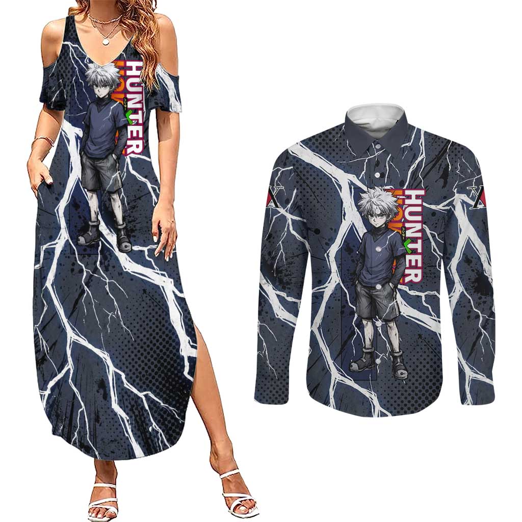 Killua Zoldyck Hunter x Hunter Lightning Aura Design Couples Matching Summer Maxi Dress and Long Sleeve Button Shirt with Transformation Artwork and Anime Style Graphics - The Mazicc