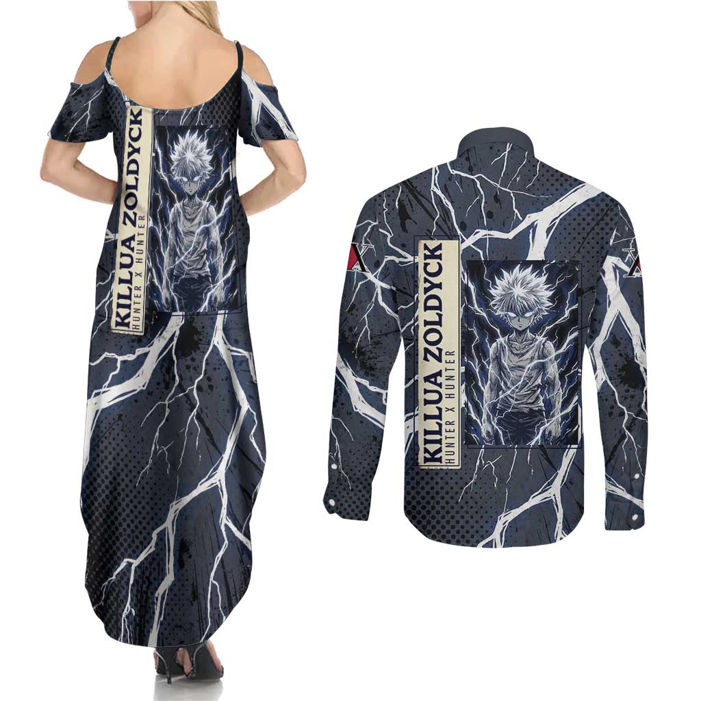 Killua Zoldyck Hunter x Hunter Lightning Aura Design Couples Matching Summer Maxi Dress and Long Sleeve Button Shirt with Transformation Artwork and Anime Style Graphics - The Mazicc