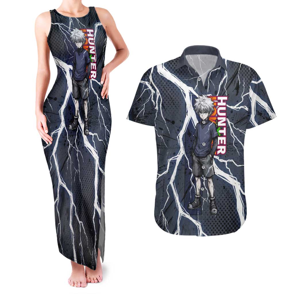 Killua Zoldyck Hunter x Hunter Lightning Aura Design Couples Matching Tank Maxi Dress and Hawaiian Shirt with Transformation Artwork and Anime Style Graphics - The Mazicc