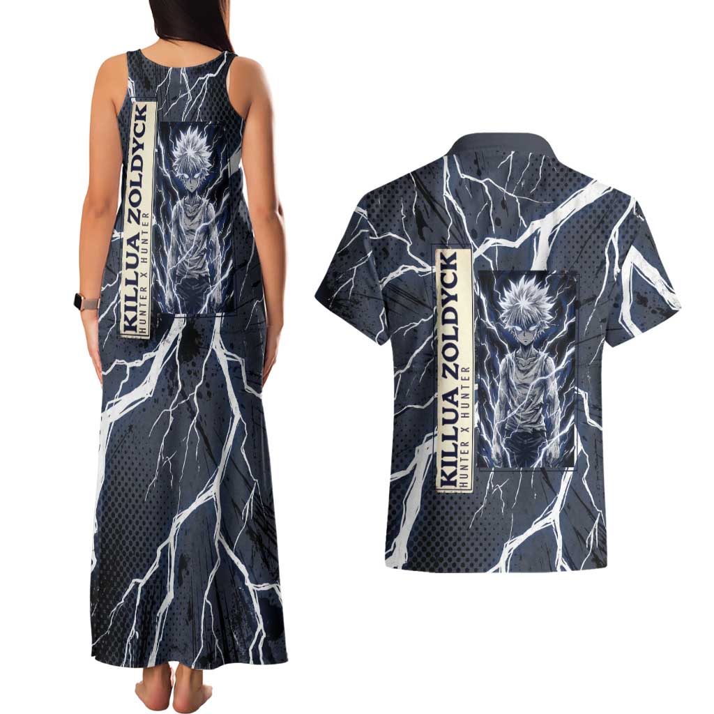 Killua Zoldyck Hunter x Hunter Lightning Aura Design Couples Matching Tank Maxi Dress and Hawaiian Shirt with Transformation Artwork and Anime Style Graphics - The Mazicc