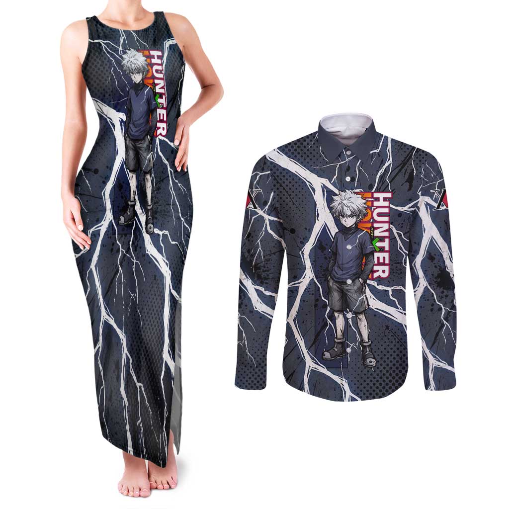 Killua Zoldyck Hunter x Hunter Lightning Aura Design Couples Matching Tank Maxi Dress and Long Sleeve Button Shirt with Transformation Artwork and Anime Style Graphics - The Mazicc