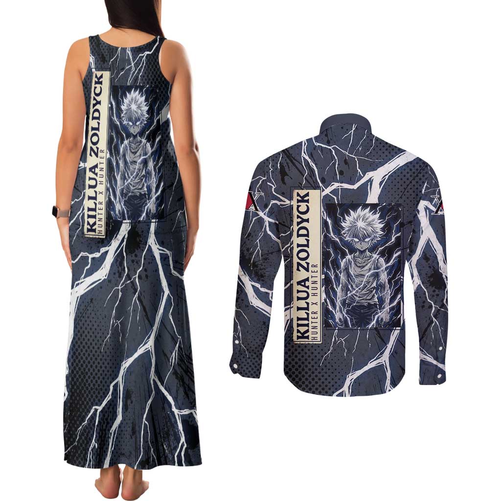 Killua Zoldyck Hunter x Hunter Lightning Aura Design Couples Matching Tank Maxi Dress and Long Sleeve Button Shirt with Transformation Artwork and Anime Style Graphics - The Mazicc