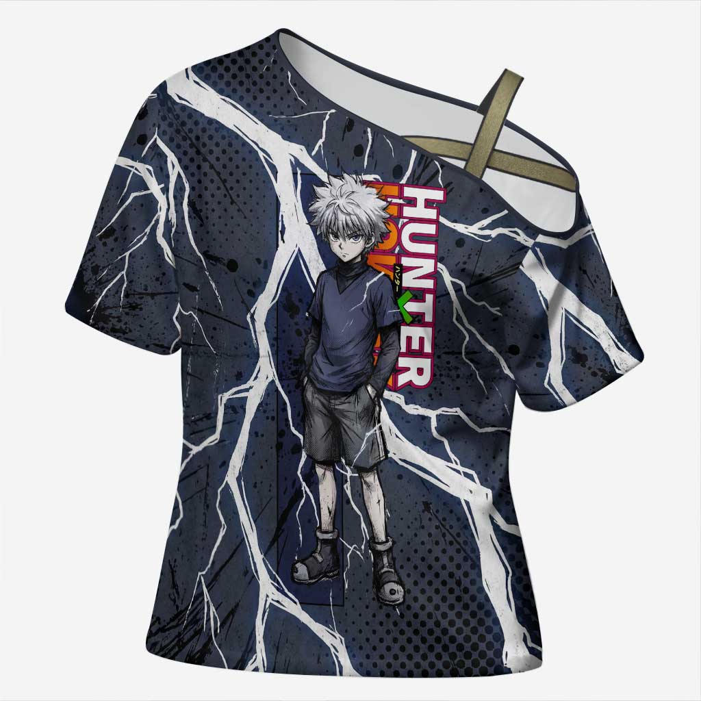 Killua Zoldyck Hunter x Hunter Lightning Aura Design Cross Shoulder Shirt with Transformation Artwork and Anime Style Graphics - The Mazicc