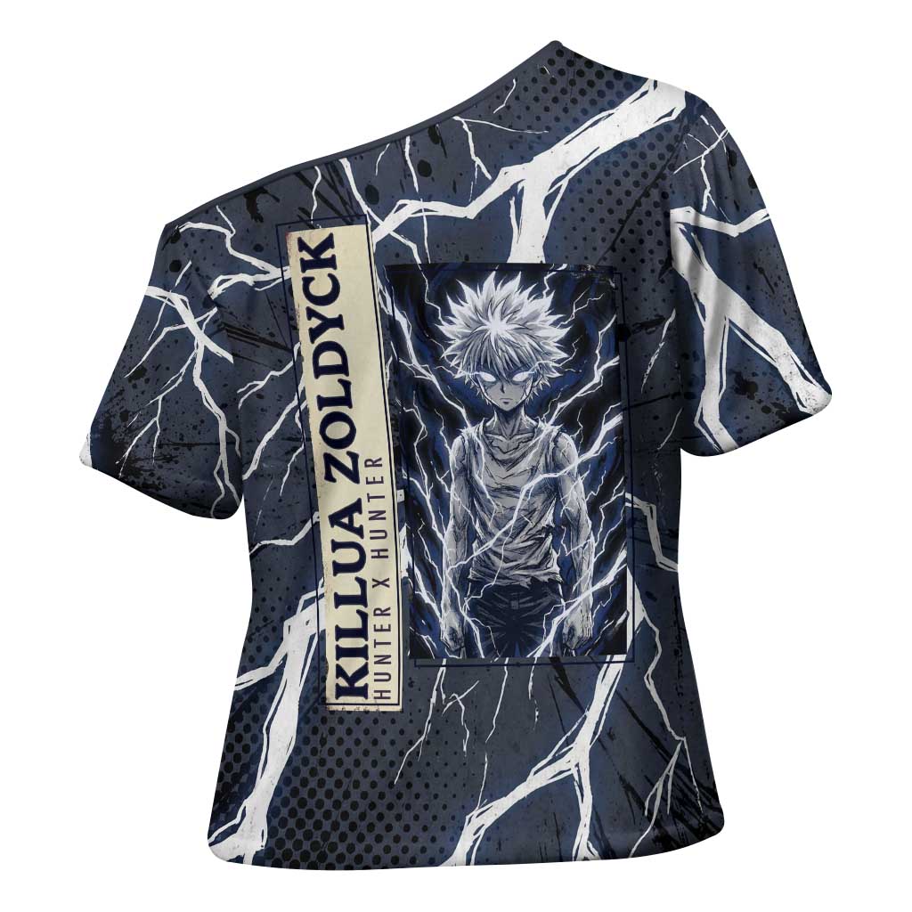 Killua Zoldyck Hunter x Hunter Lightning Aura Design Cross Shoulder Shirt with Transformation Artwork and Anime Style Graphics - The Mazicc