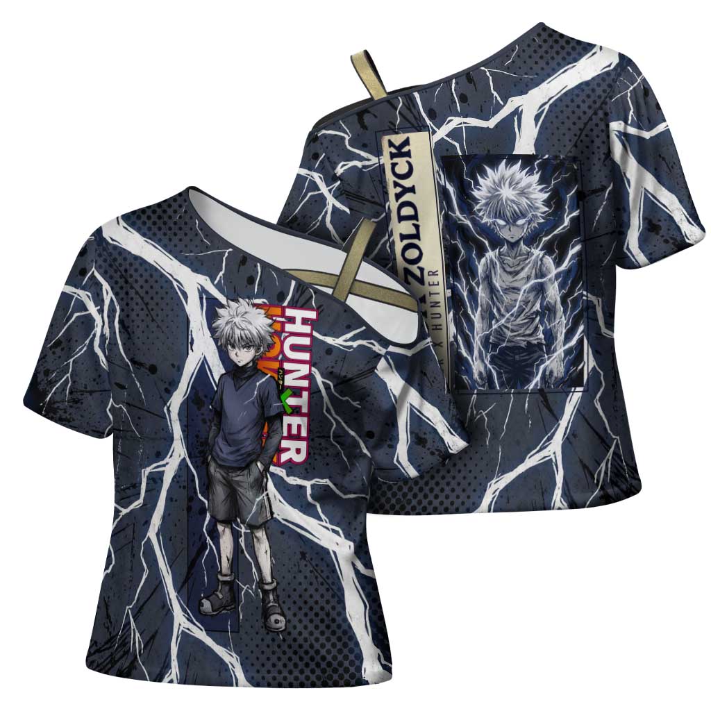 Killua Zoldyck Hunter x Hunter Lightning Aura Design Cross Shoulder Shirt with Transformation Artwork and Anime Style Graphics - The Mazicc
