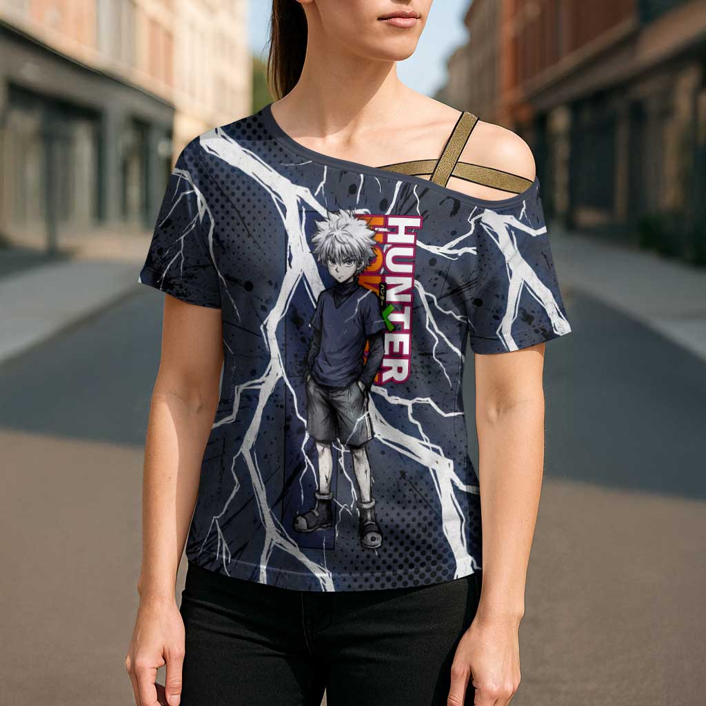 Killua Zoldyck Hunter x Hunter Lightning Aura Design Cross Shoulder Shirt with Transformation Artwork and Anime Style Graphics - The Mazicc