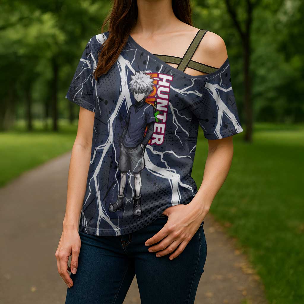Killua Zoldyck Hunter x Hunter Lightning Aura Design Cross Shoulder Shirt with Transformation Artwork and Anime Style Graphics - The Mazicc