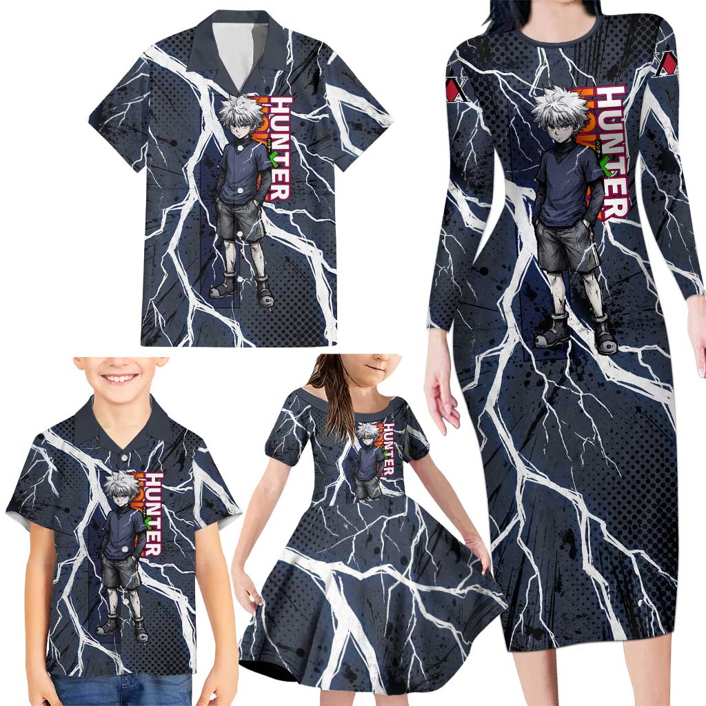 Killua Zoldyck Hunter x Hunter Lightning Aura Design Family Matching Long Sleeve Bodycon Dress and Hawaiian Shirt with Transformation Artwork and Anime Style Graphics