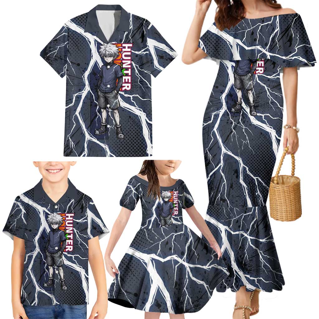 Killua Zoldyck Hunter x Hunter Lightning Aura Design Family Matching Mermaid Dress and Hawaiian Shirt with Transformation Artwork and Anime Style Graphics