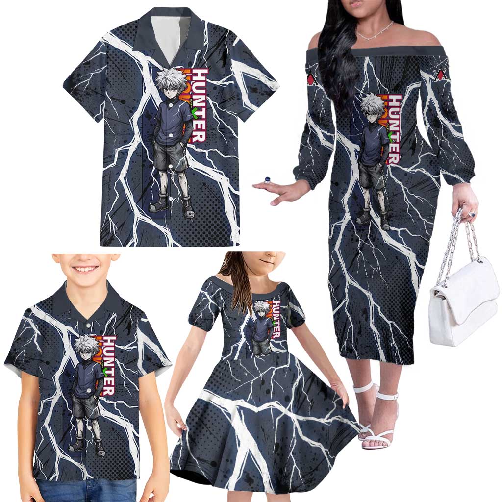 Killua Zoldyck Hunter x Hunter Lightning Aura Design Family Matching Off The Shoulder Long Sleeve Dress and Hawaiian Shirt with Transformation Artwork and Anime Style Graphics