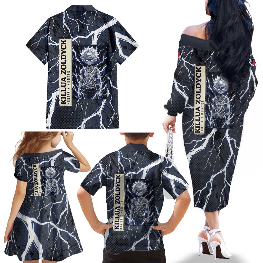 Killua Zoldyck Hunter x Hunter Lightning Aura Design Family Matching Off The Shoulder Long Sleeve Dress and Hawaiian Shirt with Transformation Artwork and Anime Style Graphics