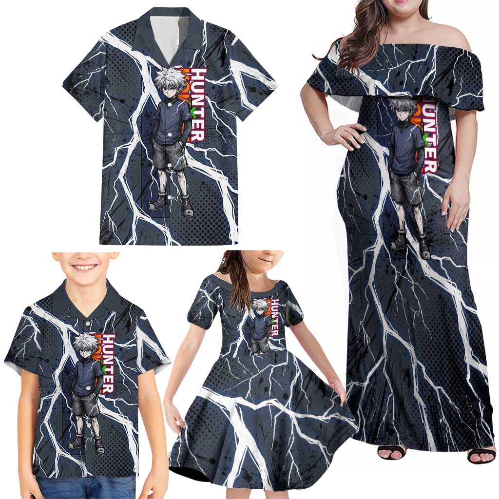 Killua Zoldyck Hunter x Hunter Lightning Aura Design Family Matching Off Shoulder Maxi Dress and Hawaiian Shirt with Transformation Artwork and Anime Style Graphics