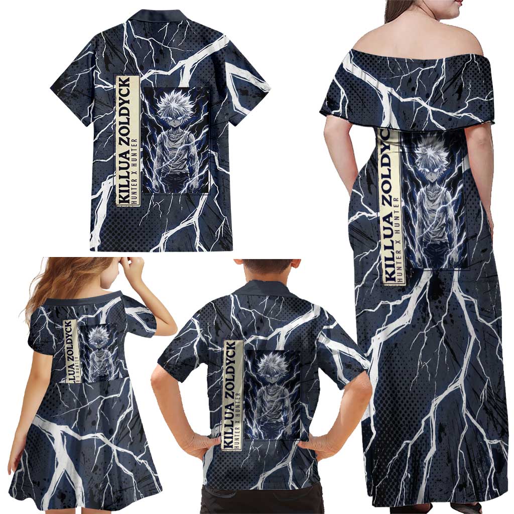 Killua Zoldyck Hunter x Hunter Lightning Aura Design Family Matching Off Shoulder Maxi Dress and Hawaiian Shirt with Transformation Artwork and Anime Style Graphics