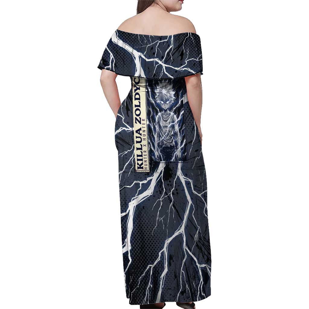 Killua Zoldyck Hunter x Hunter Lightning Aura Design Family Matching Off Shoulder Maxi Dress and Hawaiian Shirt with Transformation Artwork and Anime Style Graphics