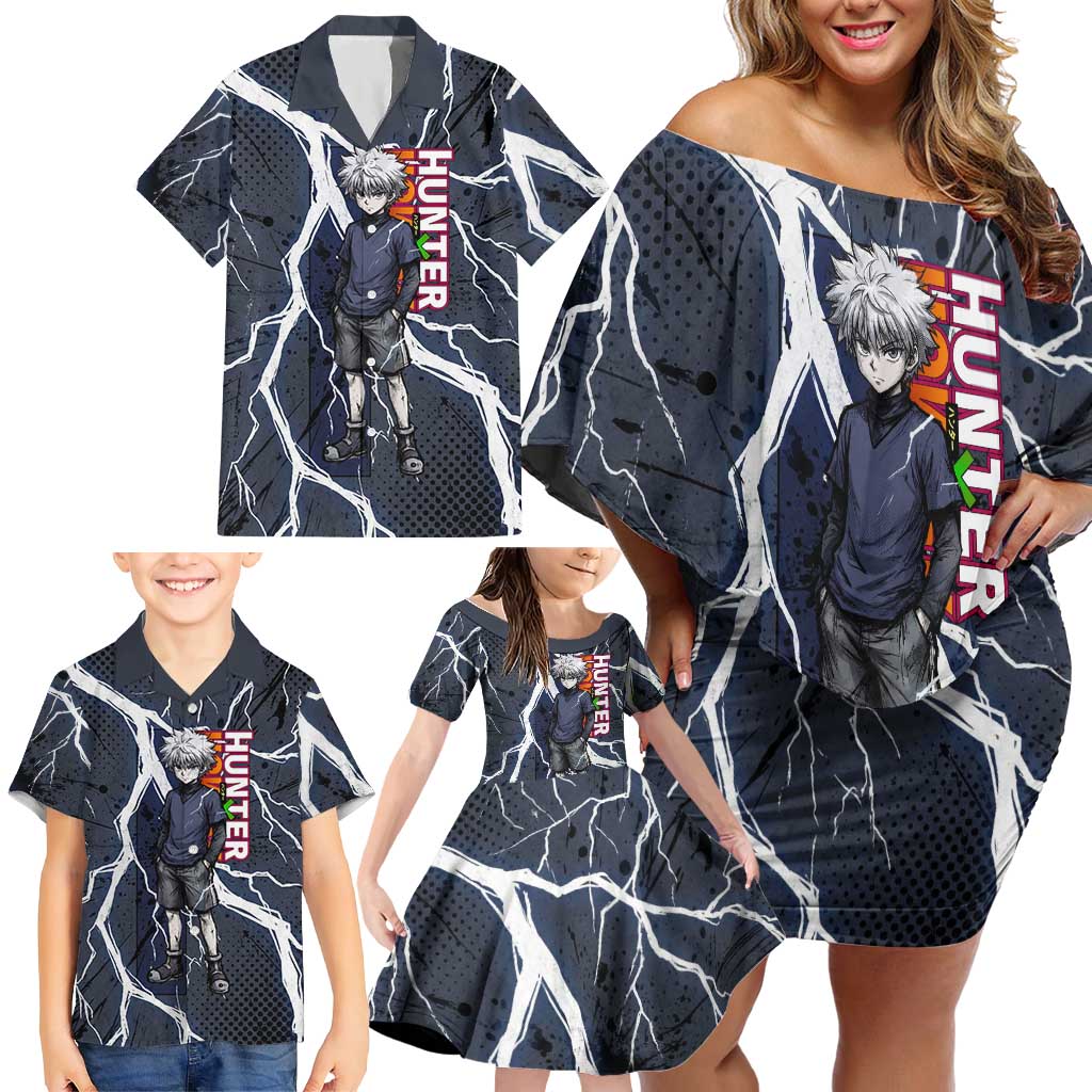 Killua Zoldyck Hunter x Hunter Lightning Aura Design Family Matching Off Shoulder Short Dress and Hawaiian Shirt with Transformation Artwork and Anime Style Graphics