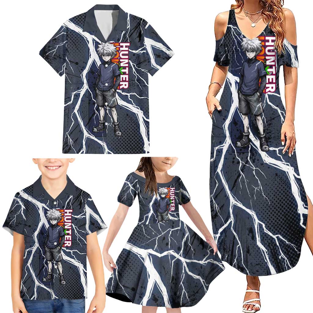 Killua Zoldyck Hunter x Hunter Lightning Aura Design Family Matching Summer Maxi Dress and Hawaiian Shirt with Transformation Artwork and Anime Style Graphics