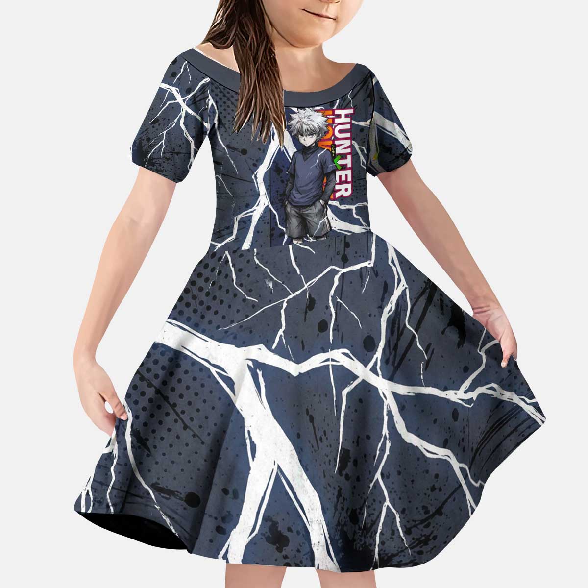 Killua Zoldyck Hunter x Hunter Lightning Aura Design Kid Short Sleeve Dress with Transformation Artwork and Anime Style Graphics - The Mazicc
