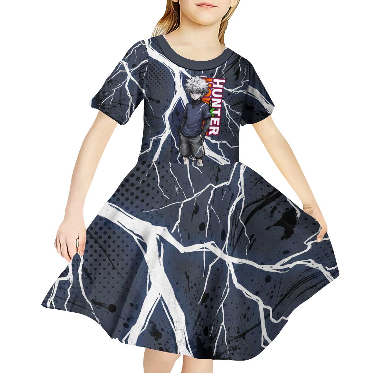 Killua Zoldyck Hunter x Hunter Lightning Aura Design Kid Short Sleeve Dress with Transformation Artwork and Anime Style Graphics - The Mazicc