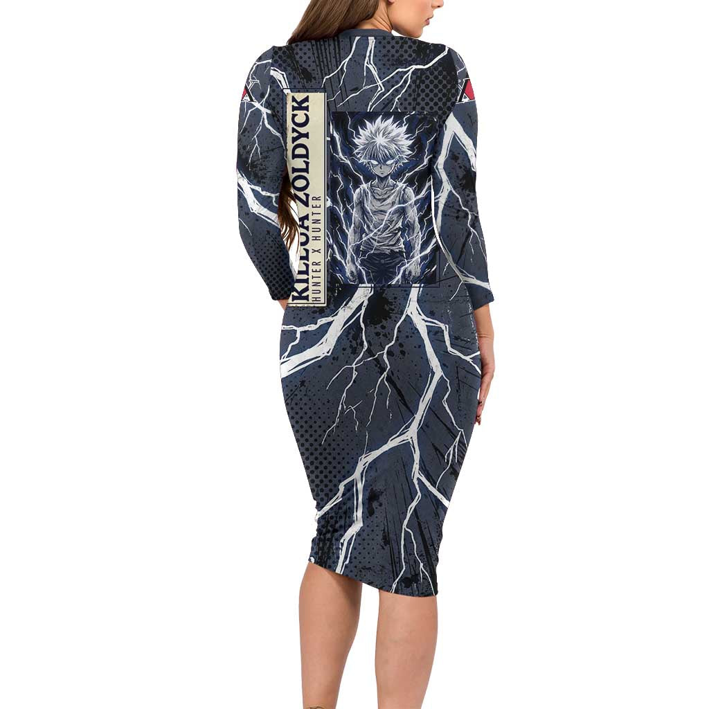 Killua Zoldyck Hunter x Hunter Lightning Aura Design Long Sleeve Bodycon Dress with Transformation Artwork and Anime Style Graphics - The Mazicc
