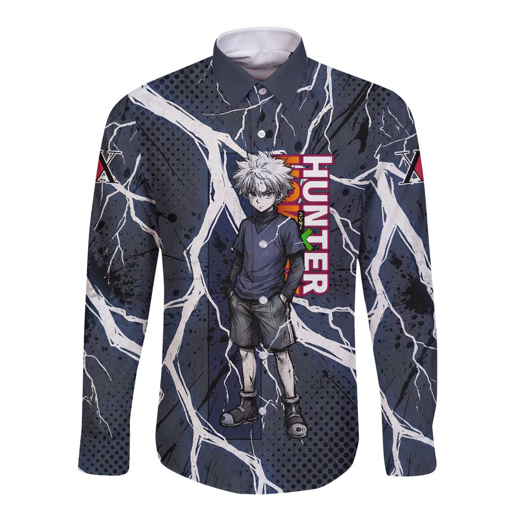Killua Zoldyck Hunter x Hunter Lightning Aura Design Long Sleeve Button Shirt with Transformation Artwork and Anime Style Graphics - The Mazicc