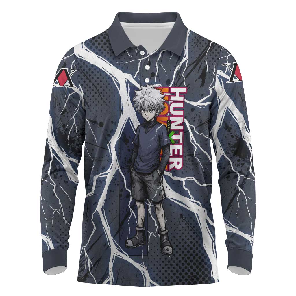 Killua Zoldyck Hunter x Hunter Lightning Aura Design Long Sleeve Polo Shirt with Transformation Artwork and Anime Style Graphics - The Mazicc