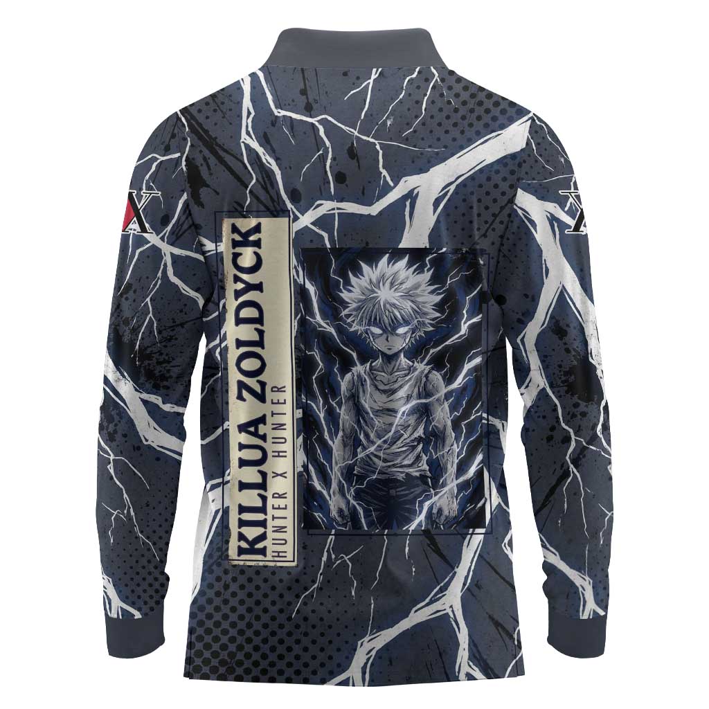 Killua Zoldyck Hunter x Hunter Lightning Aura Design Long Sleeve Polo Shirt with Transformation Artwork and Anime Style Graphics - The Mazicc
