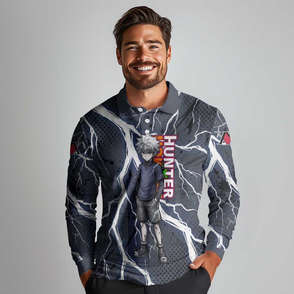 Killua Zoldyck Hunter x Hunter Lightning Aura Design Long Sleeve Polo Shirt with Transformation Artwork and Anime Style Graphics - The Mazicc