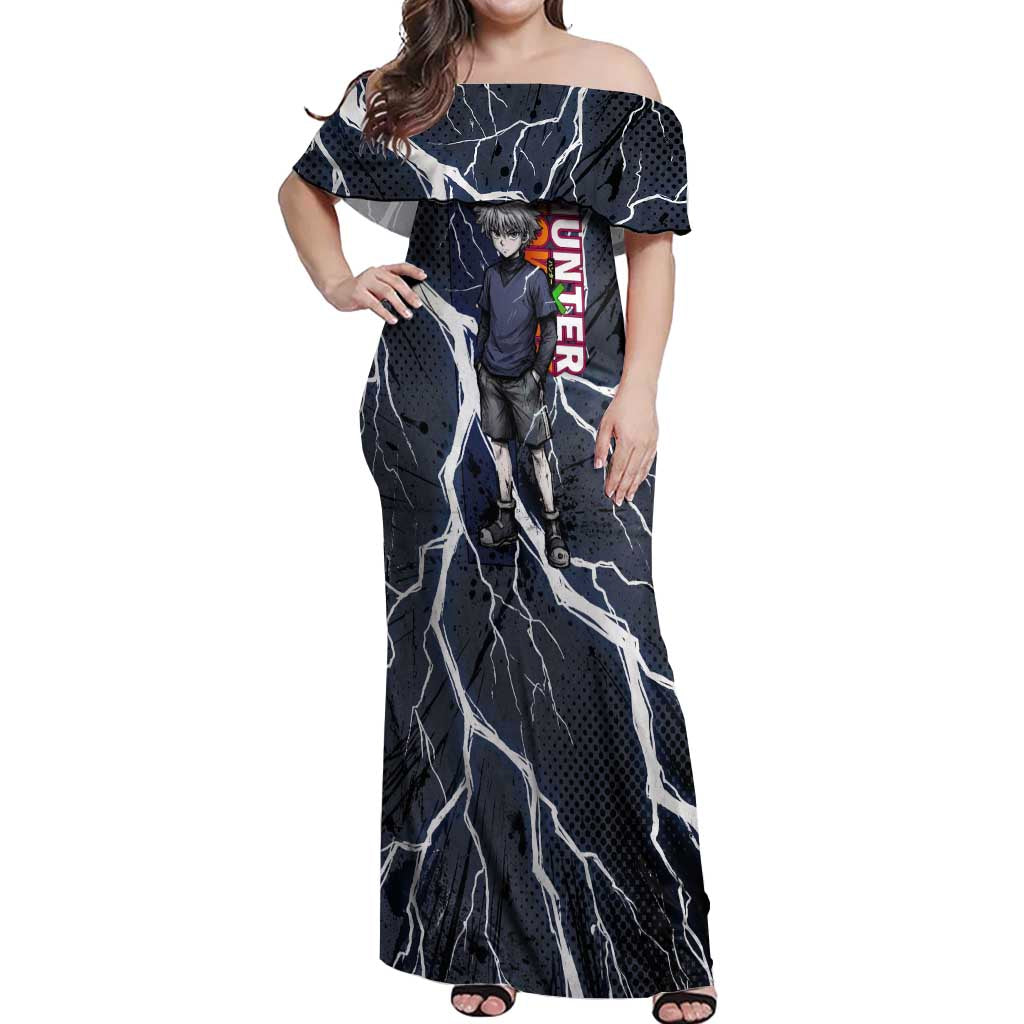 Killua Zoldyck Hunter x Hunter Lightning Aura Design Off Shoulder Maxi Dress with Transformation Artwork and Anime Style Graphics - The Mazicc