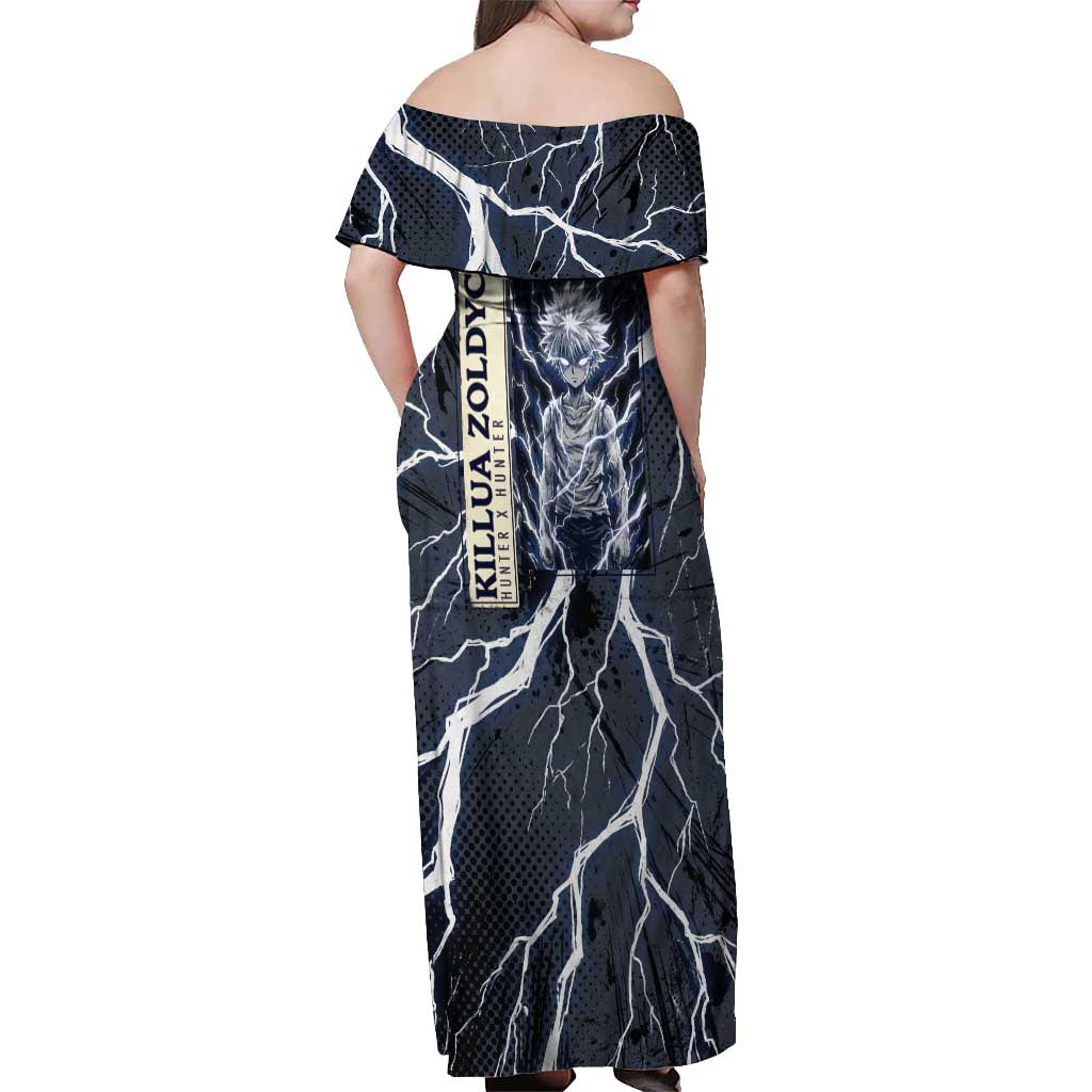 Killua Zoldyck Hunter x Hunter Lightning Aura Design Off Shoulder Maxi Dress with Transformation Artwork and Anime Style Graphics - The Mazicc