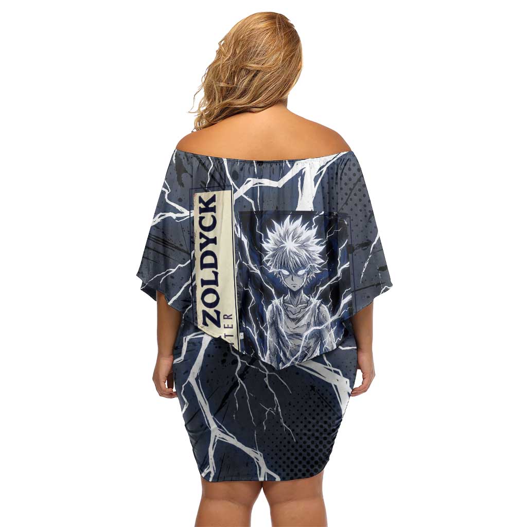 Killua Zoldyck Hunter x Hunter Lightning Aura Design Off Shoulder Short Dress with Transformation Artwork and Anime Style Graphics - The Mazicc