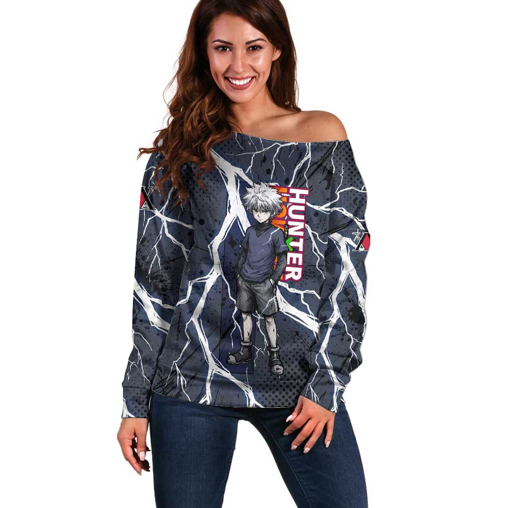 Killua Zoldyck Hunter x Hunter Lightning Aura Design Off Shoulder Sweater with Transformation Artwork and Anime Style Graphics - The Mazicc