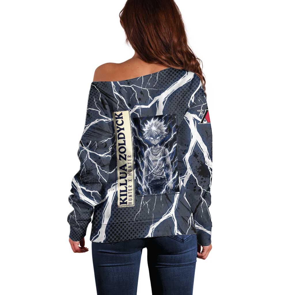 Killua Zoldyck Hunter x Hunter Lightning Aura Design Off Shoulder Sweater with Transformation Artwork and Anime Style Graphics - The Mazicc