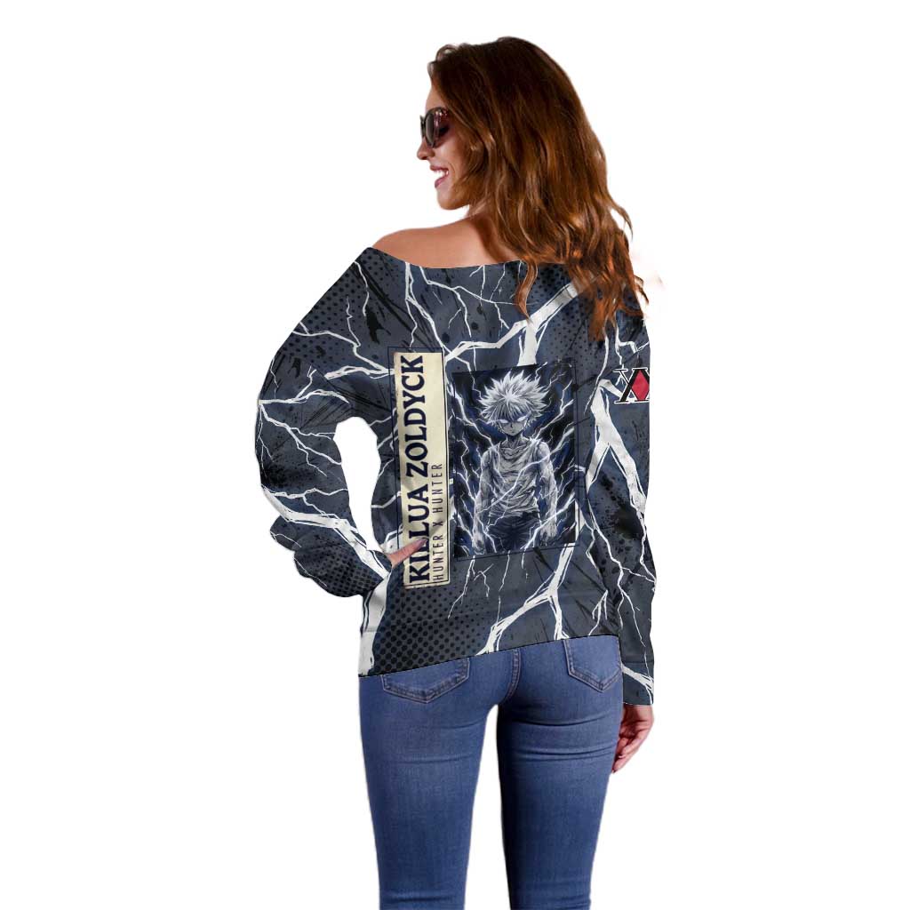 Killua Zoldyck Hunter x Hunter Lightning Aura Design Off Shoulder Sweater with Transformation Artwork and Anime Style Graphics - The Mazicc
