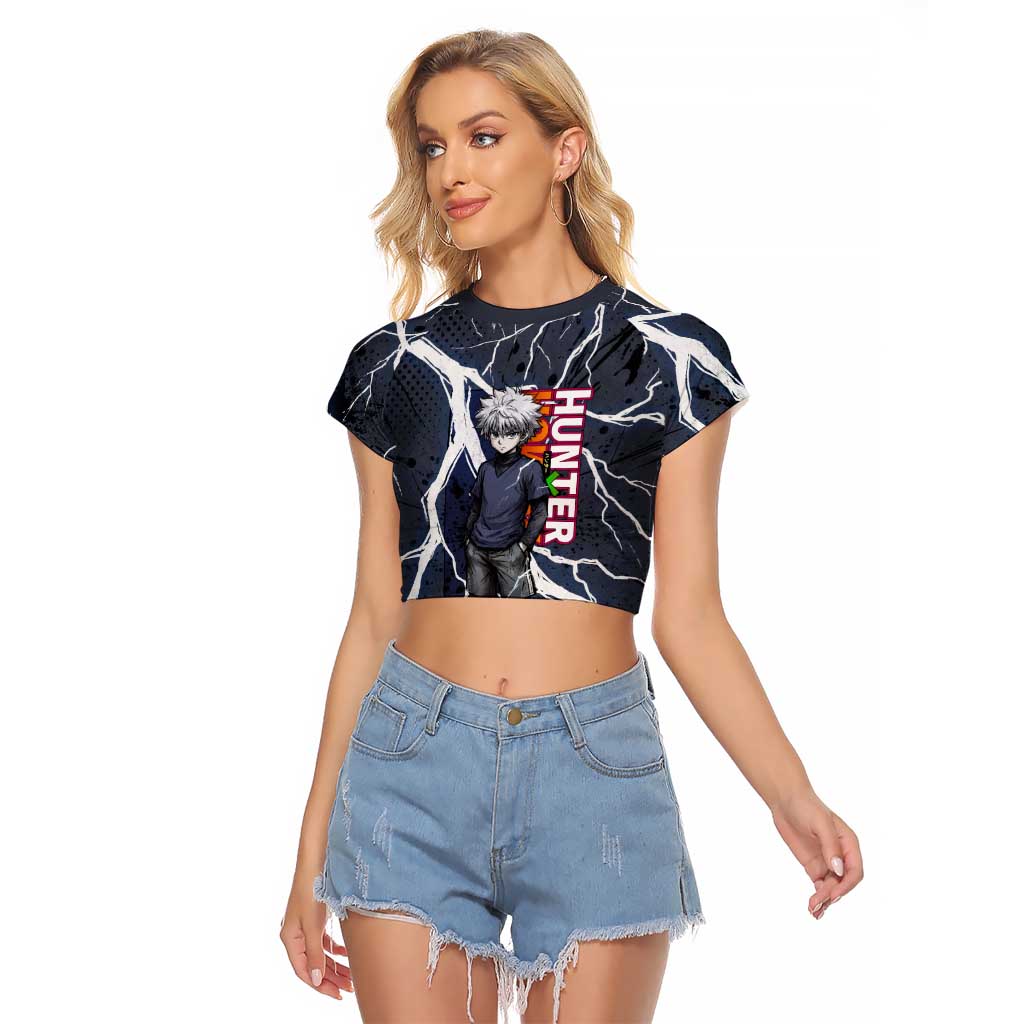 Killua Zoldyck Hunter x Hunter Lightning Aura Design Raglan Cropped T Shirt with Transformation Artwork and Anime Style Graphics - The Mazicc