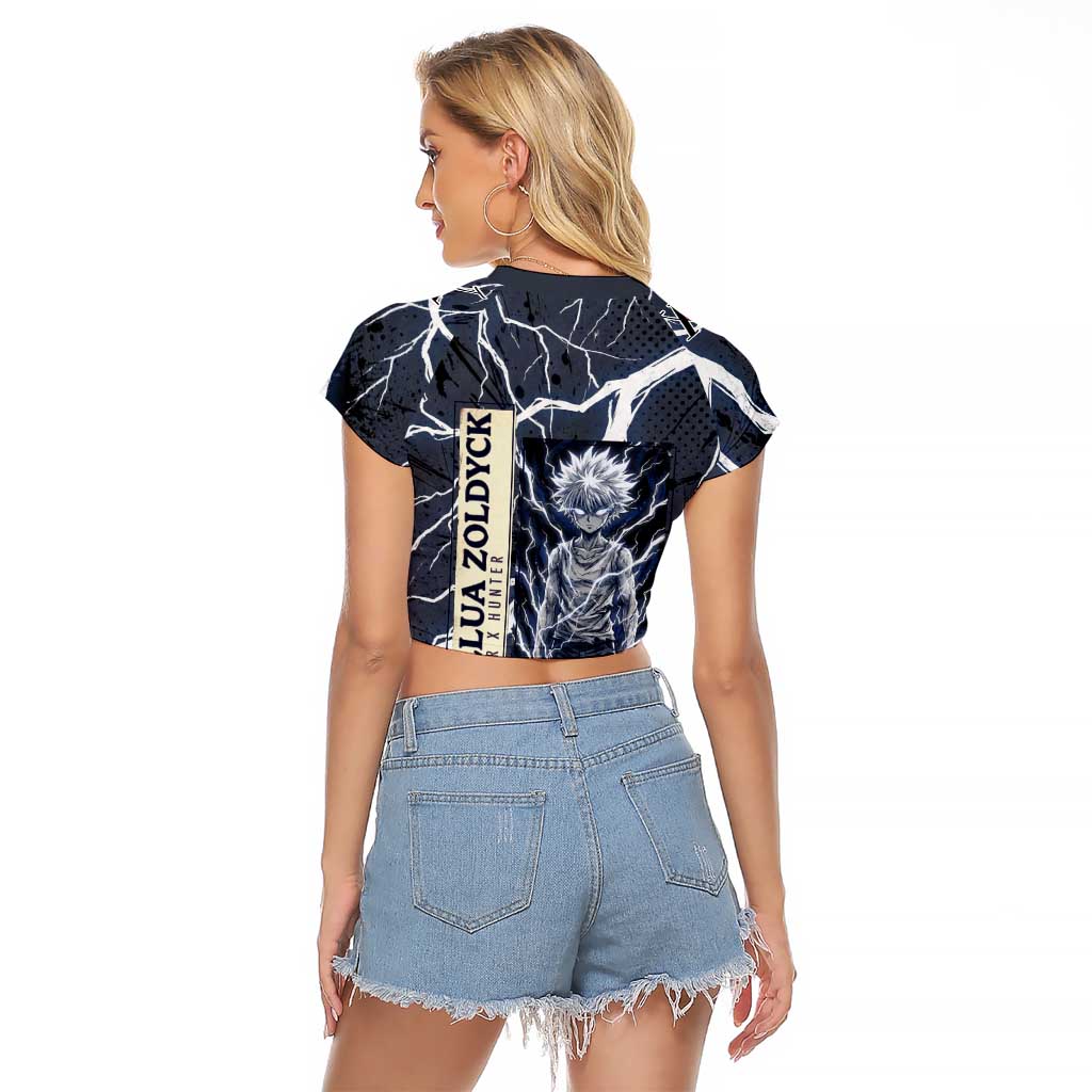 Killua Zoldyck Hunter x Hunter Lightning Aura Design Raglan Cropped T Shirt with Transformation Artwork and Anime Style Graphics - The Mazicc