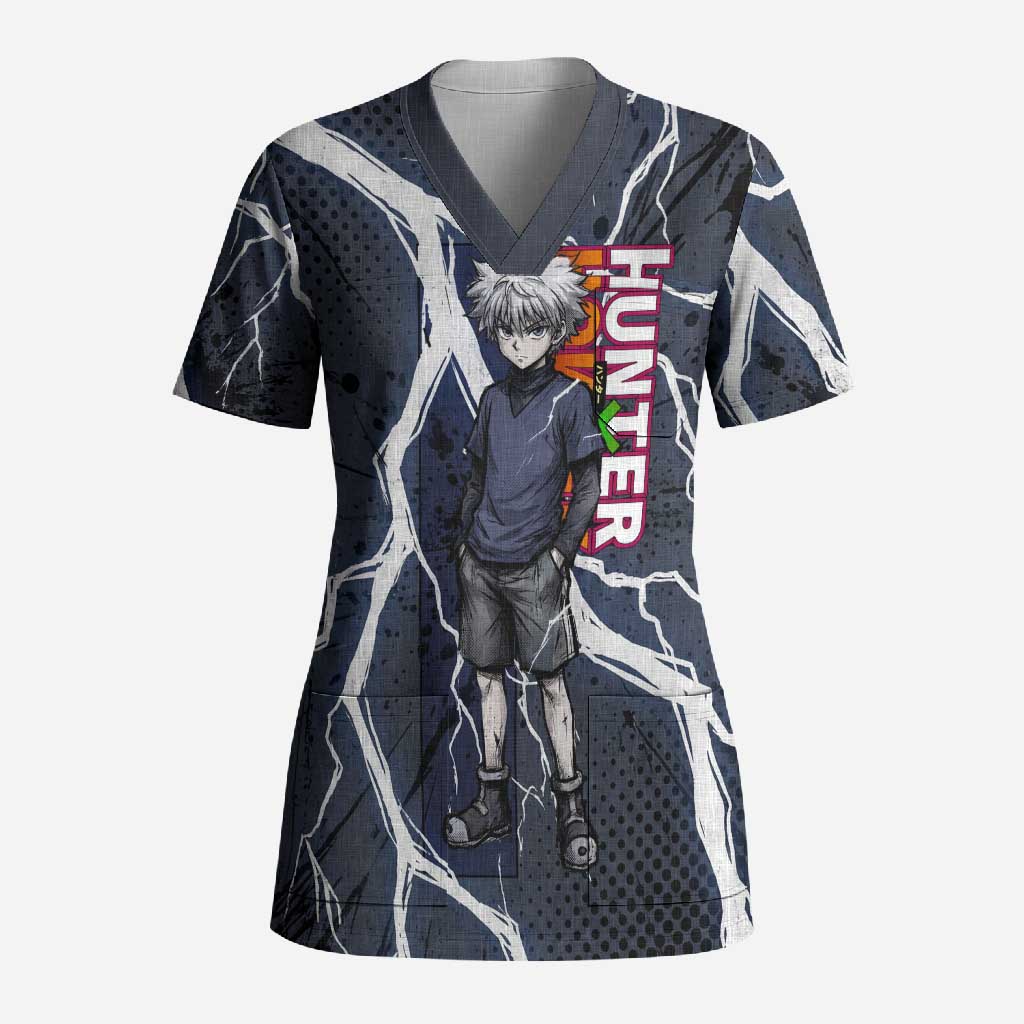 Killua Zoldyck Hunter x Hunter Lightning Aura Design Scrub Top with Transformation Artwork and Anime Style Graphics - The Mazicc