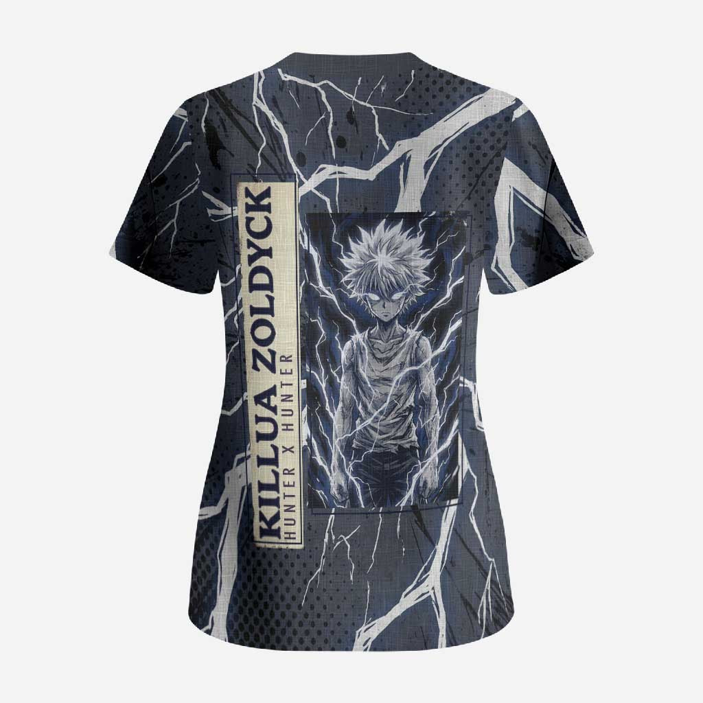 Killua Zoldyck Hunter x Hunter Lightning Aura Design Scrub Top with Transformation Artwork and Anime Style Graphics - The Mazicc