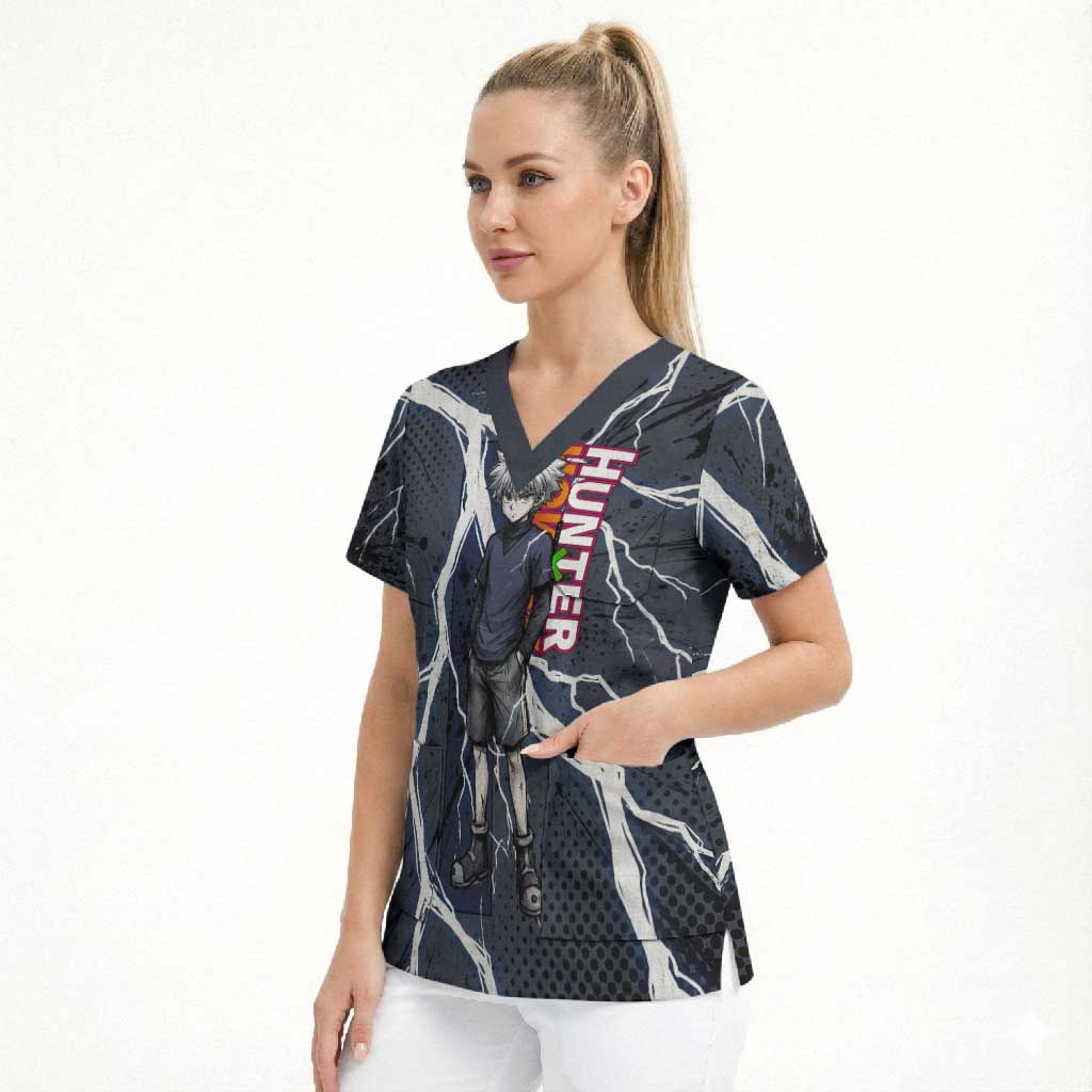 Killua Zoldyck Hunter x Hunter Lightning Aura Design Scrub Top with Transformation Artwork and Anime Style Graphics - The Mazicc