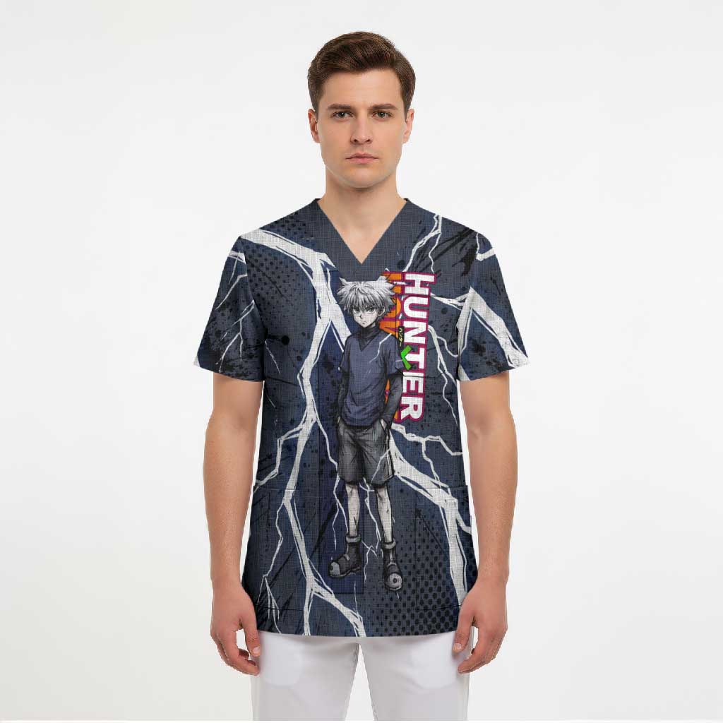 Killua Zoldyck Hunter x Hunter Lightning Aura Design Scrub Top with Transformation Artwork and Anime Style Graphics - The Mazicc
