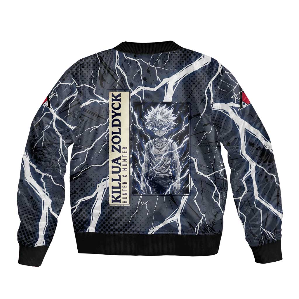 Killua Zoldyck Hunter x Hunter Lightning Aura Design Sleeve Zip Bomber Jacket with Transformation Artwork and Anime Style Graphics - The Mazicc
