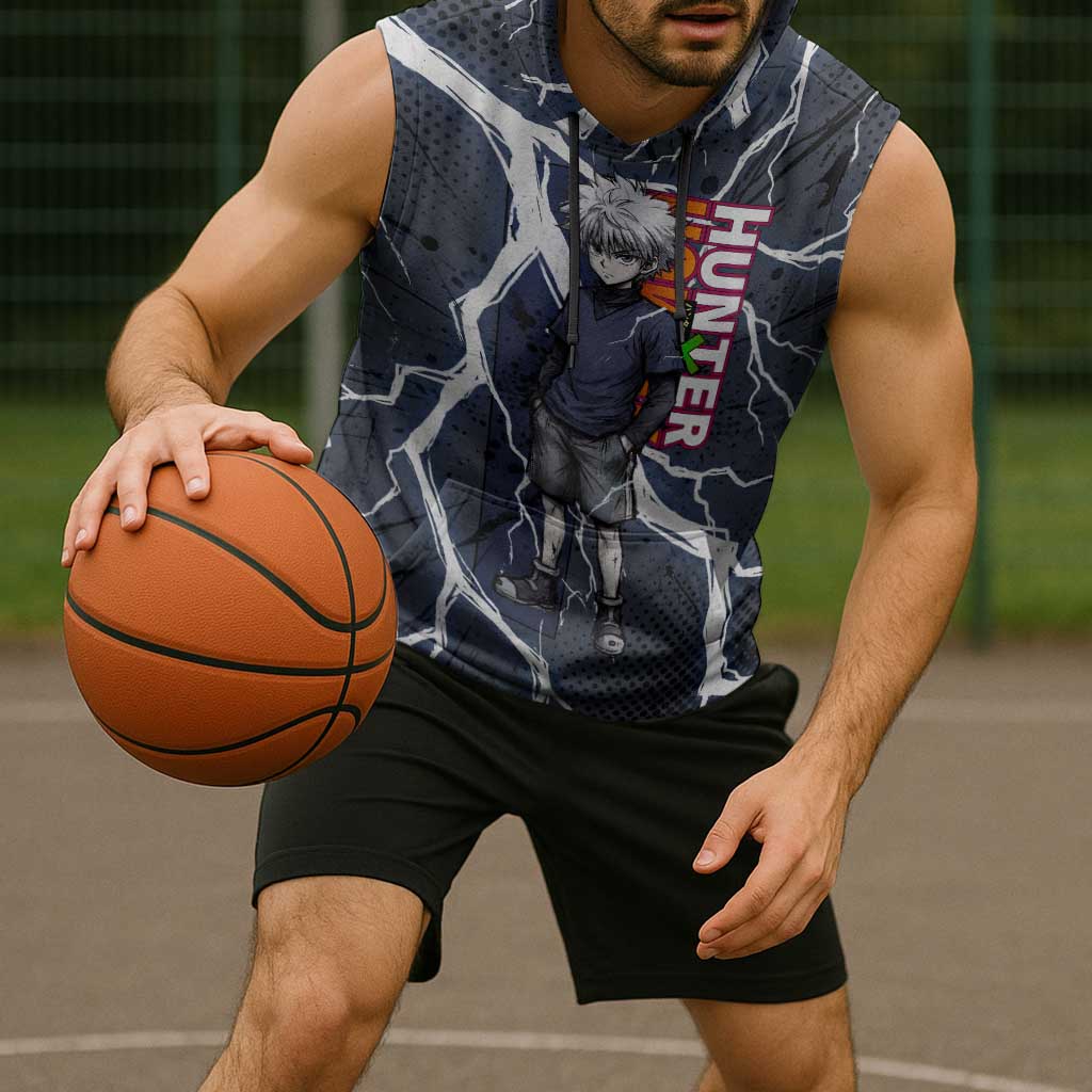 Killua Zoldyck Hunter x Hunter Lightning Aura Design Sleeveless Hoodie with Transformation Artwork and Anime Style Graphics - The Mazicc
