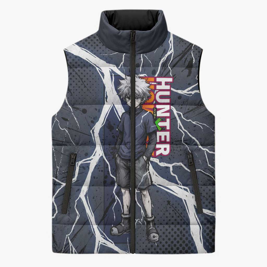 Killua Zoldyck Hunter x Hunter Lightning Aura Design Sleeveless Puffer Jacket with Transformation Artwork and Anime Style Graphics - The Mazicc