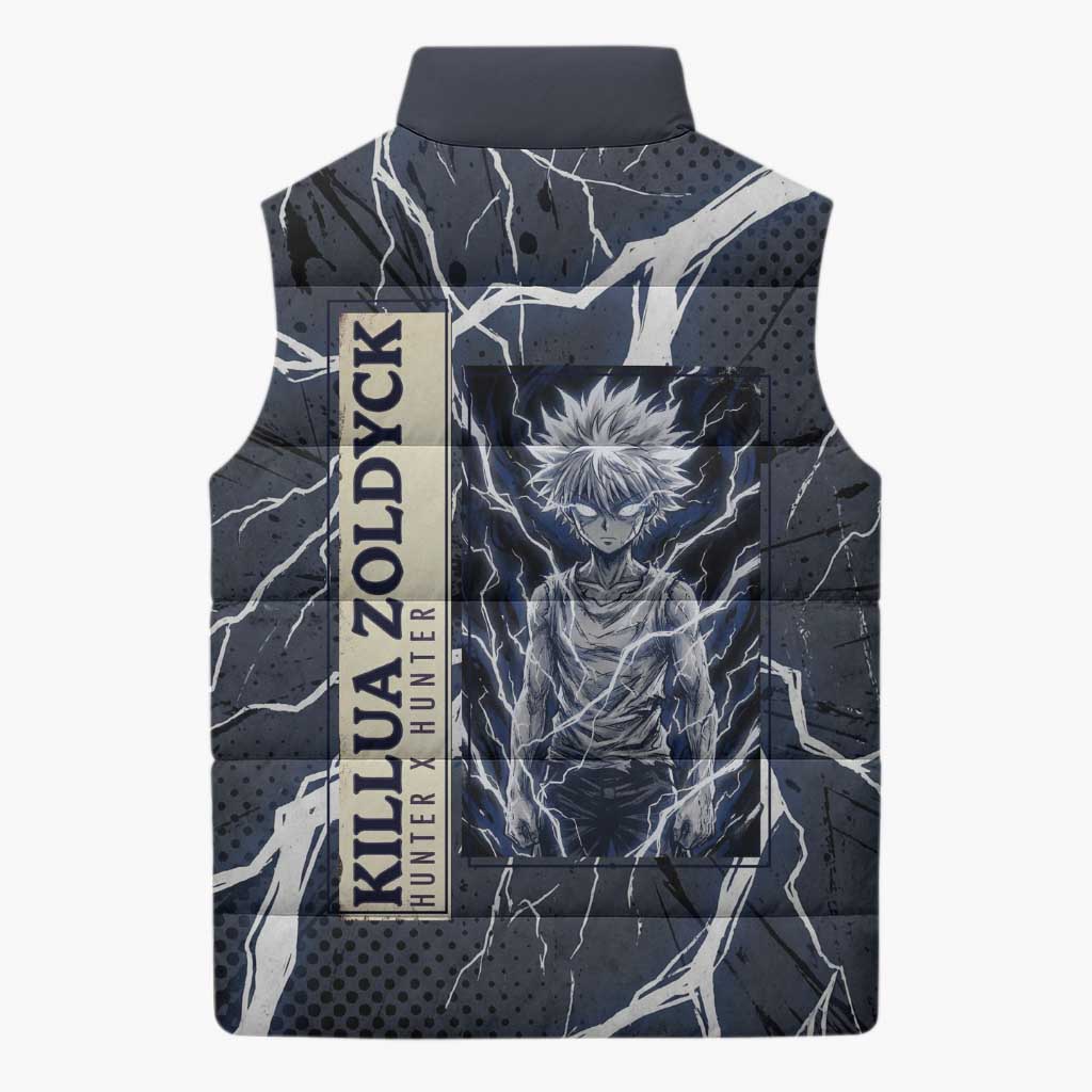 Killua Zoldyck Hunter x Hunter Lightning Aura Design Sleeveless Puffer Jacket with Transformation Artwork and Anime Style Graphics - The Mazicc