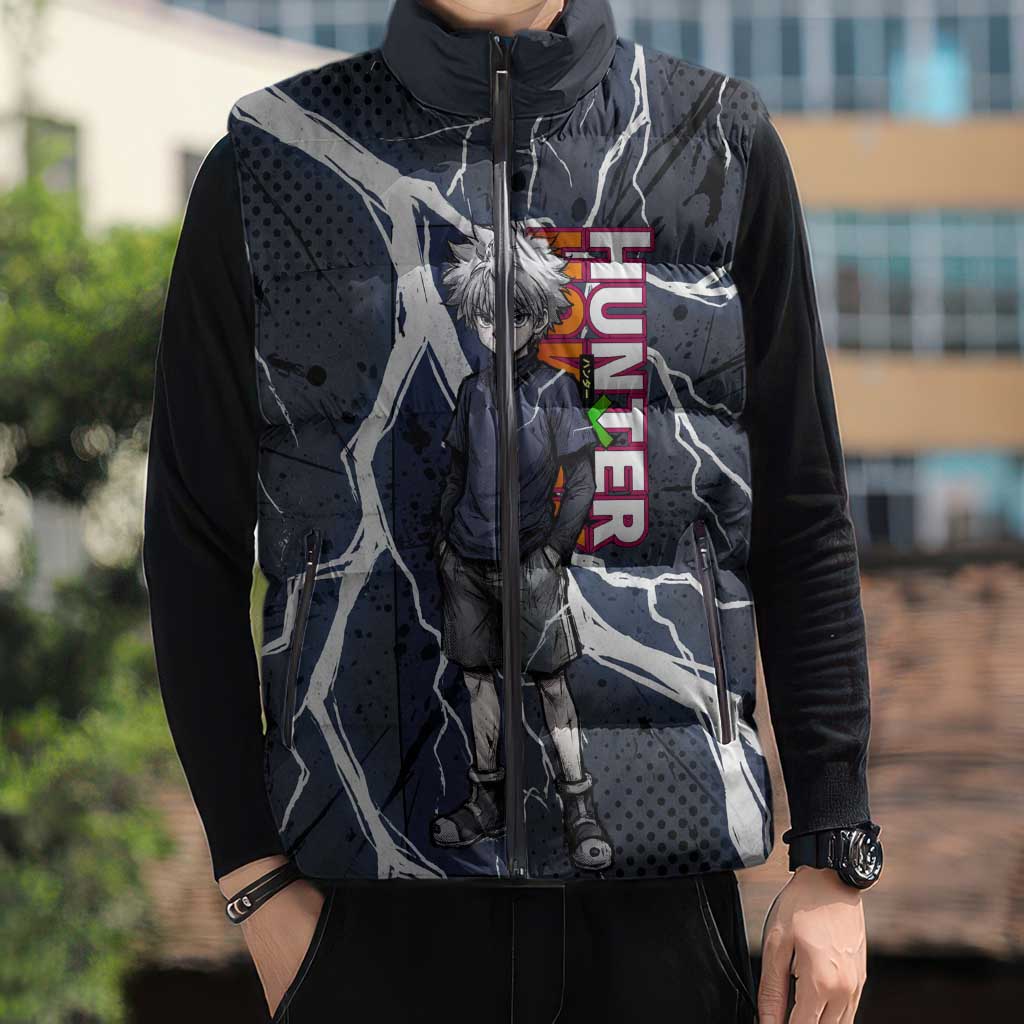 Killua Zoldyck Hunter x Hunter Lightning Aura Design Sleeveless Puffer Jacket with Transformation Artwork and Anime Style Graphics - The Mazicc