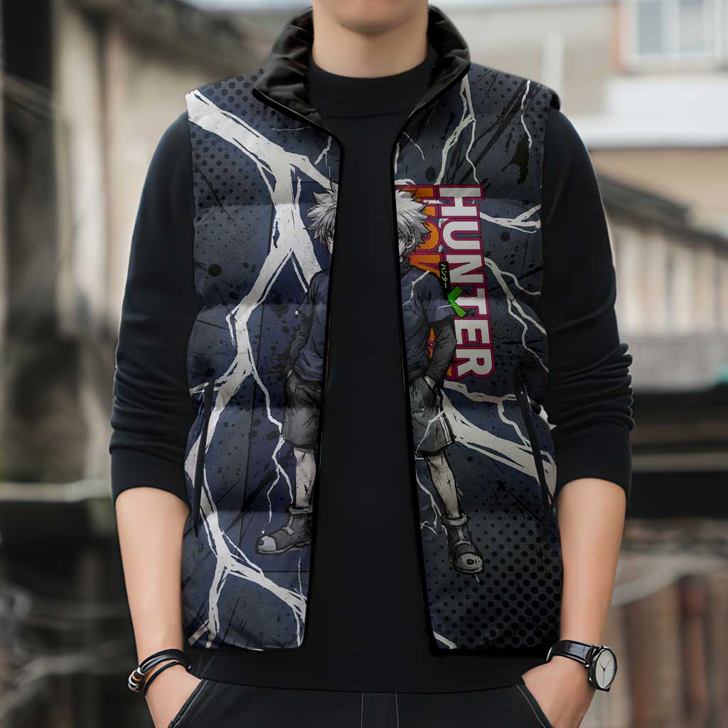Killua Zoldyck Hunter x Hunter Lightning Aura Design Sleeveless Puffer Jacket with Transformation Artwork and Anime Style Graphics - The Mazicc